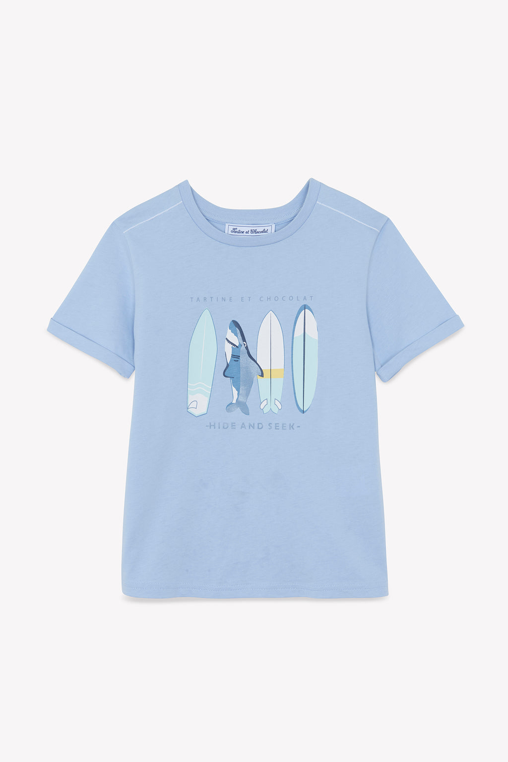 T-shirt - Bleu lavé illustration requin surfeur