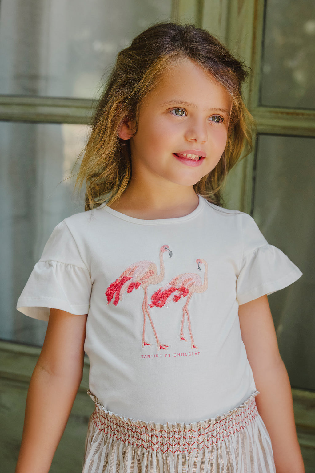 T-shirt - Corail broderie flamants roses