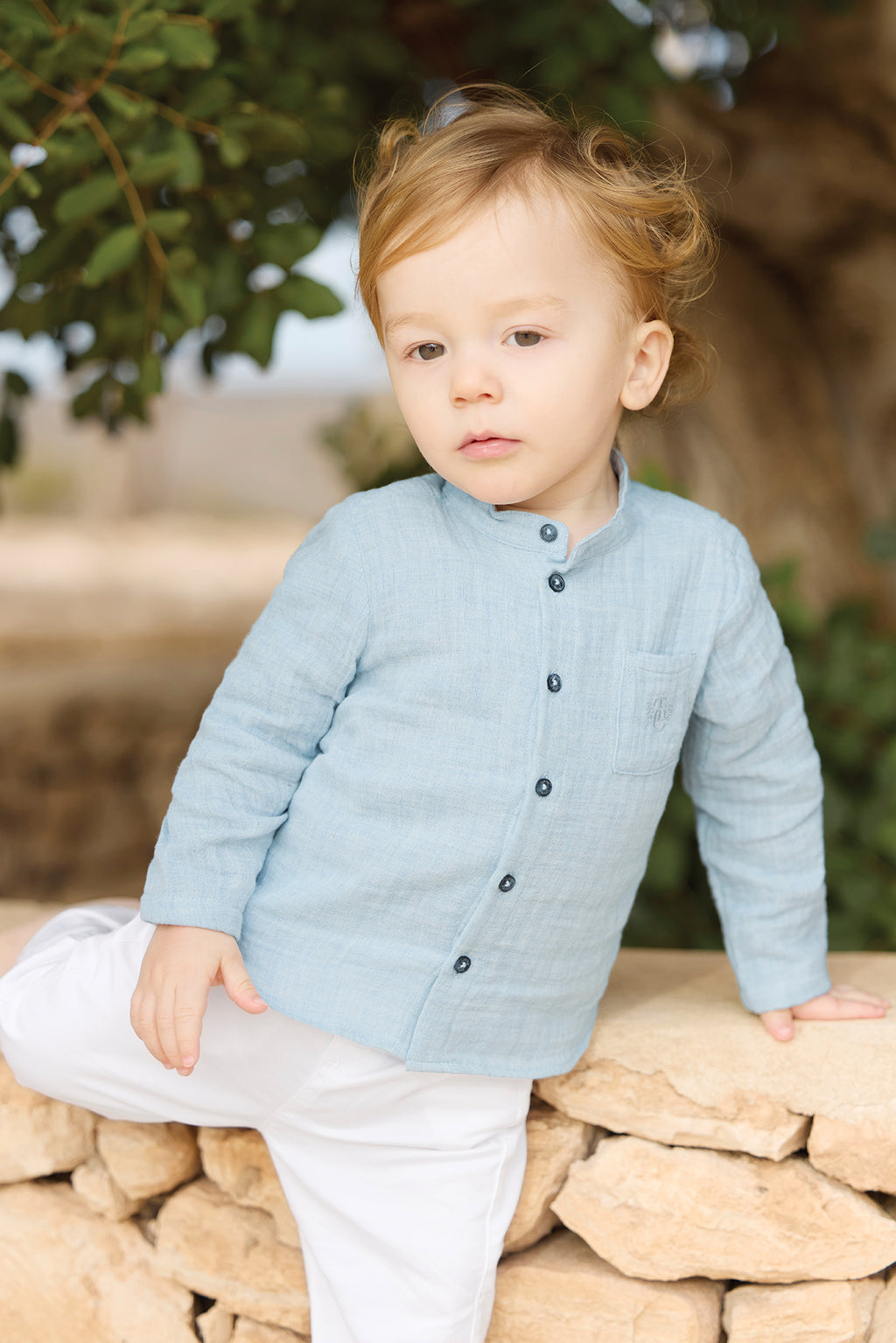 Chemise - Bleu grisé gaze de coton col mao