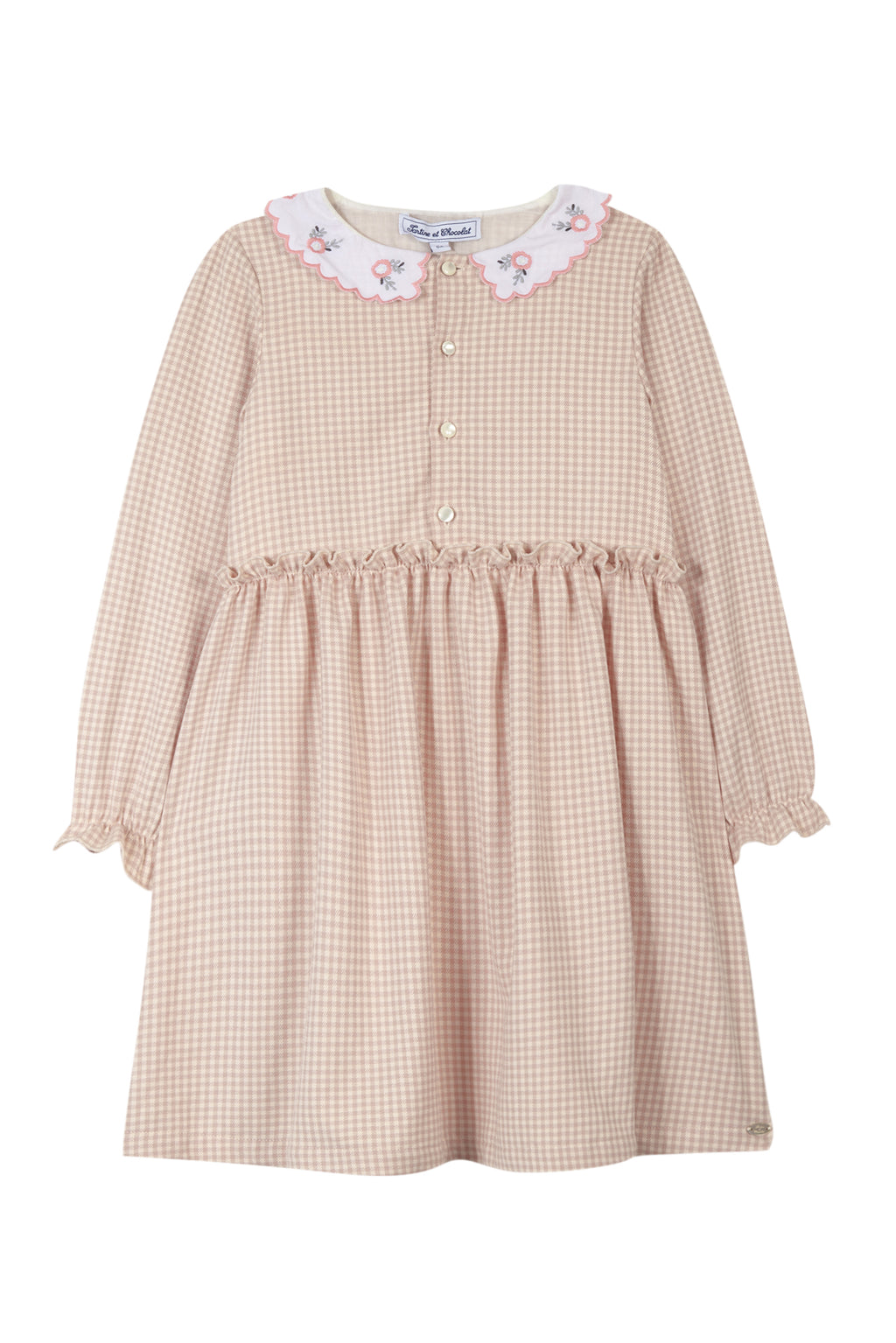 Dress - Pink Two-tone gingham Collar Embroidered