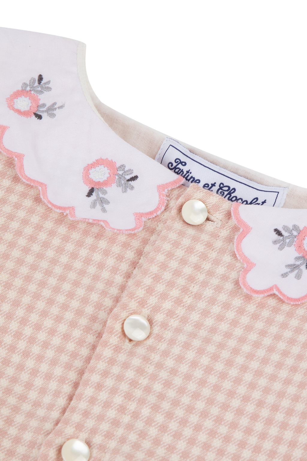 Dress - Pink Two-tone gingham Collar Embroidered