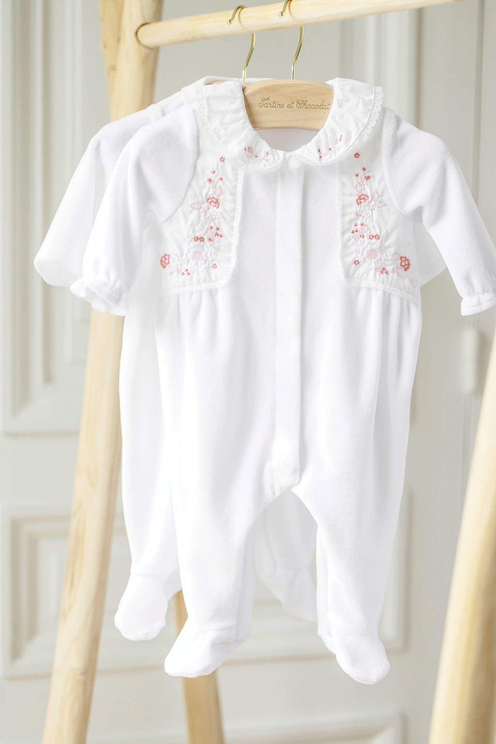 Pyjama - Blanc velours broderie fleurs