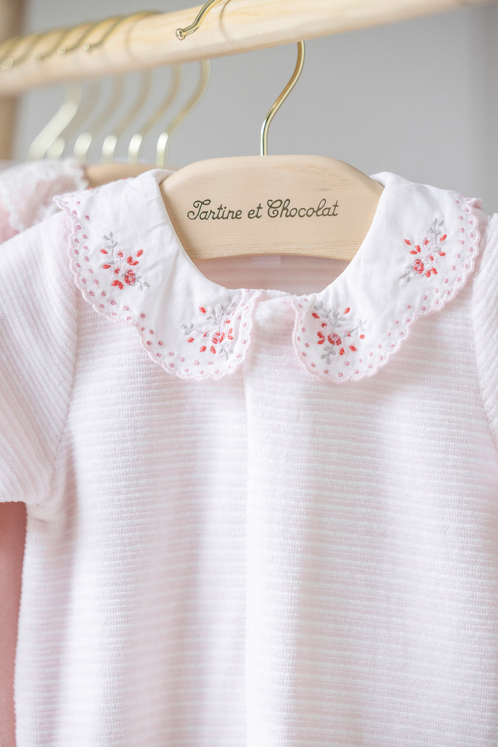 Pajamas - Pale pink Velvet Stripes Collar Embroidered