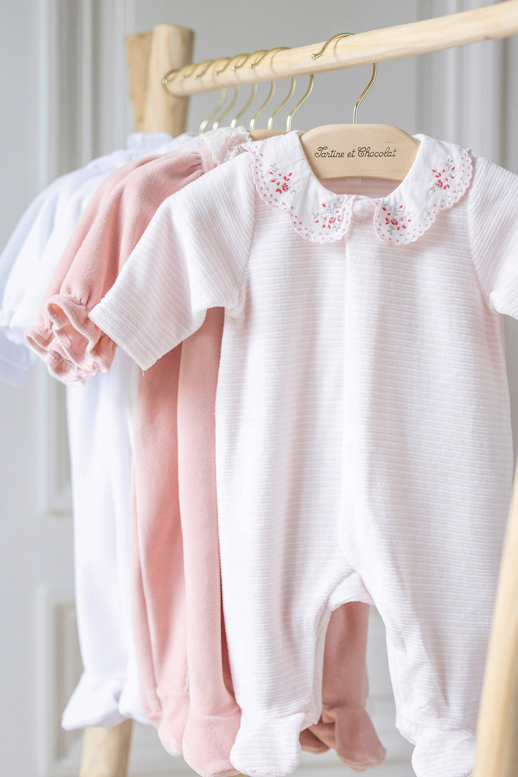 Pajamas - Pale pink Velvet Stripes Collar Embroidered