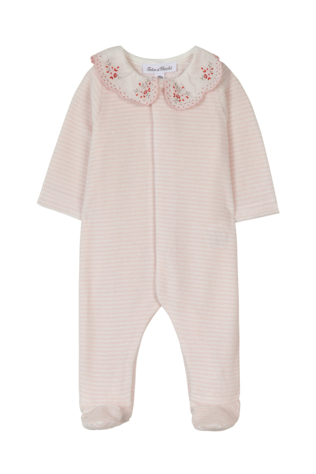 Pyjama - Rose pâle velours rayures col brodé