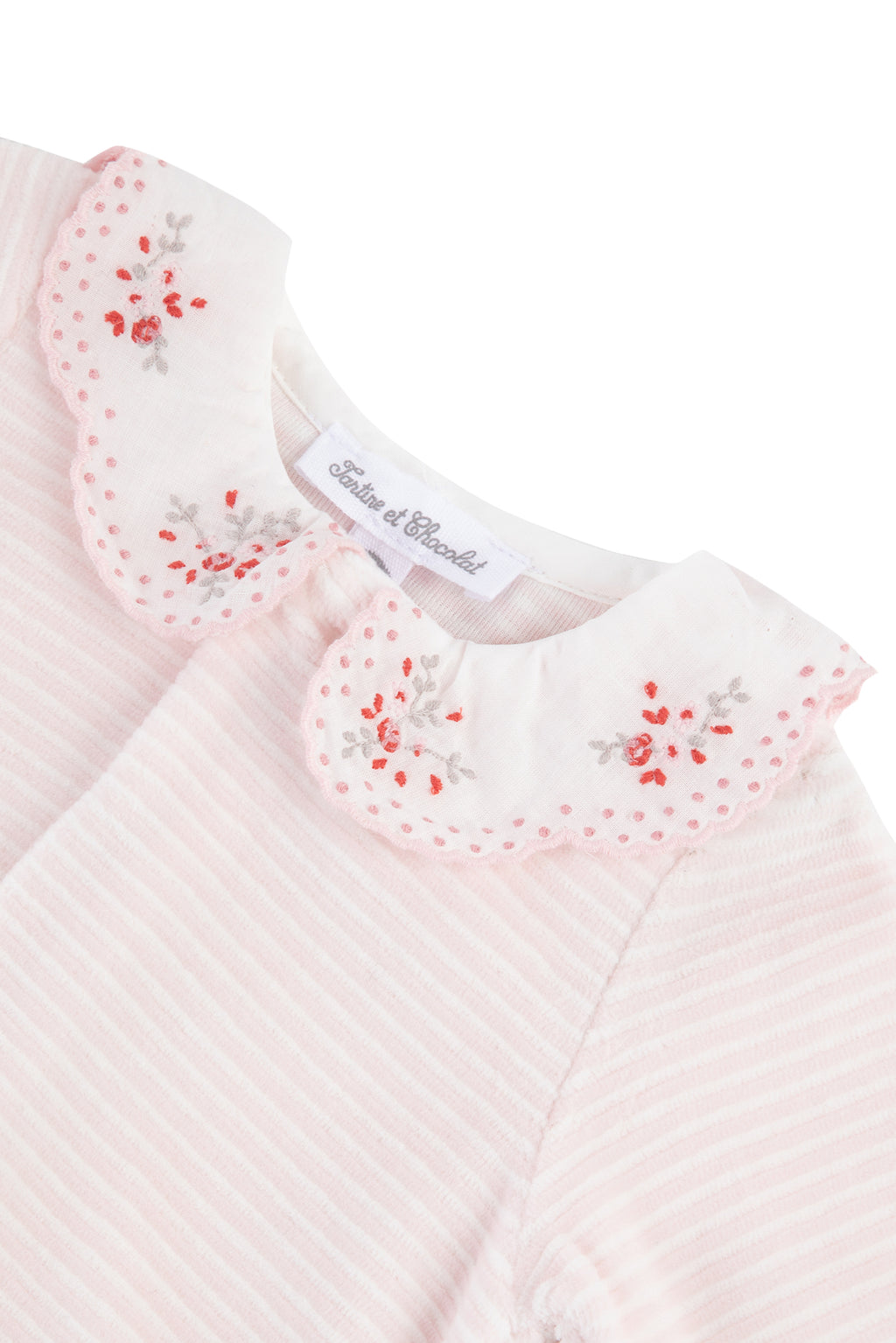 Pyjama - Rose pâle velours rayures col brodé