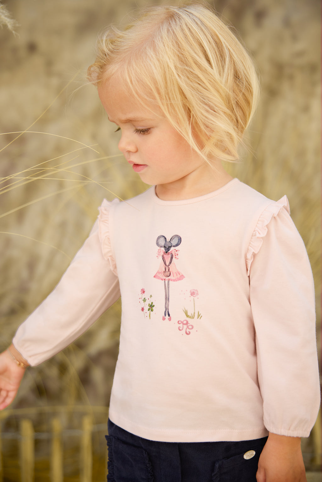 T -Shirt - Blassrosa Blume kleine Maus