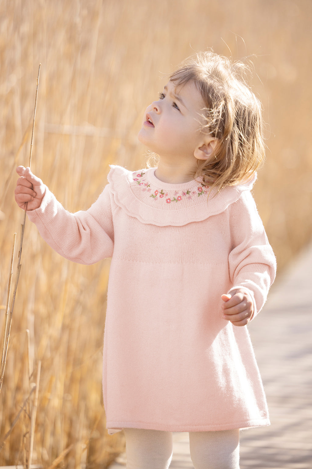 Robe - Maille rose pâle broderie fleurie