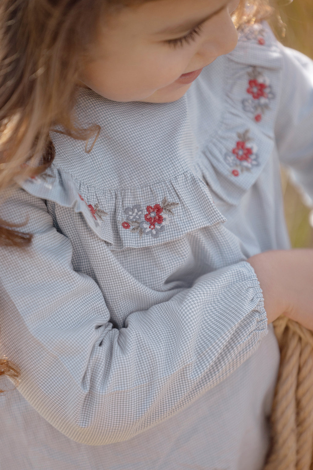 Dress - Blue Two-tone gingham And Embrodery flowery