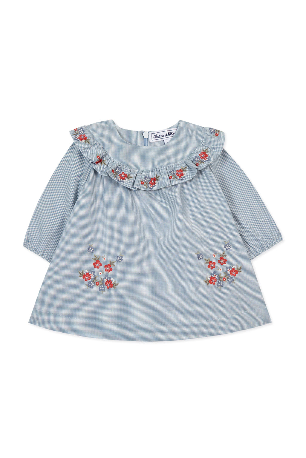Dress - Blue Two-tone gingham And Embrodery flowery
