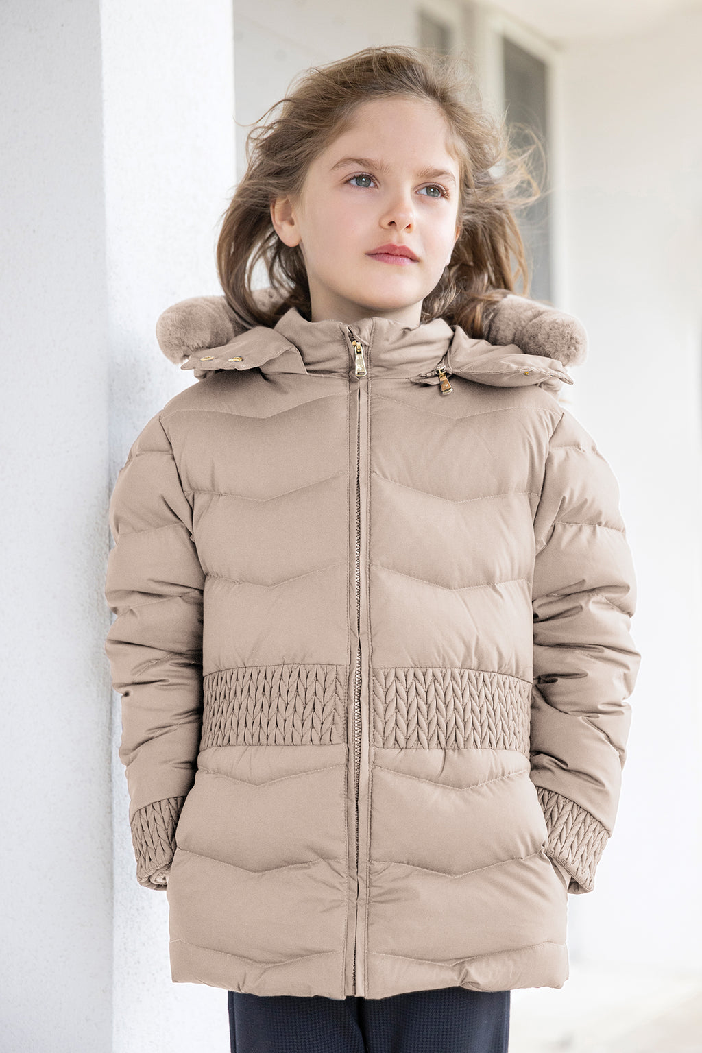 Geschwollene Jacke - Beige Pelzimitat